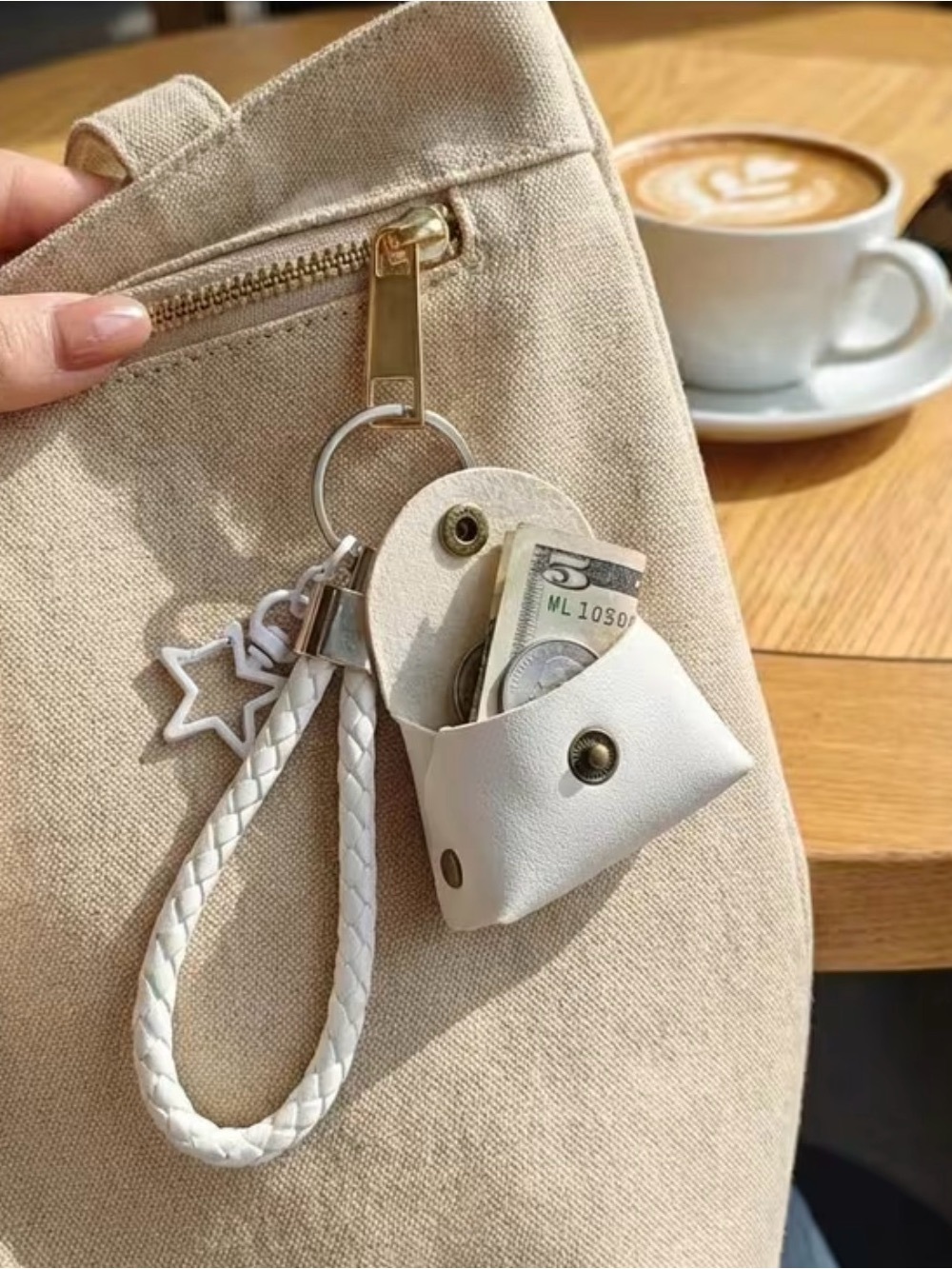 White Braided Strap Keychain with Mini Snap Pouch